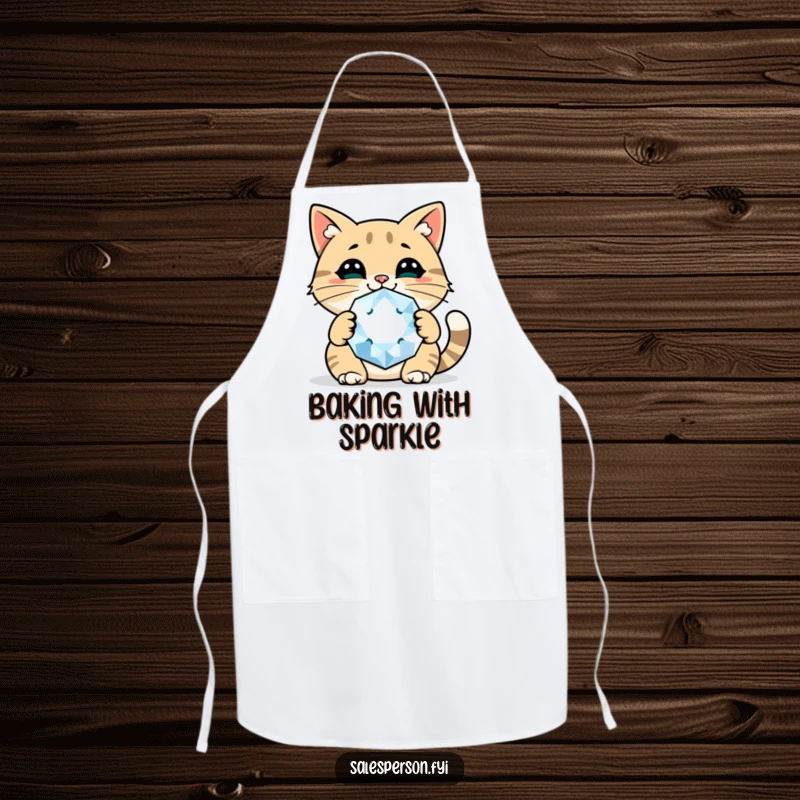 Funny cat gem apron featuring a cheerful cat holding a giant sparkly gem, making cooking a glamorous affair.