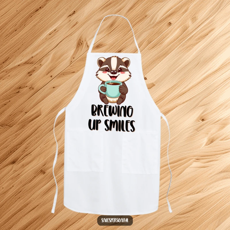 Funny apron featuring a jovial badger with a welcoming smile, holding a steaming cup of coffee, ready to serve.