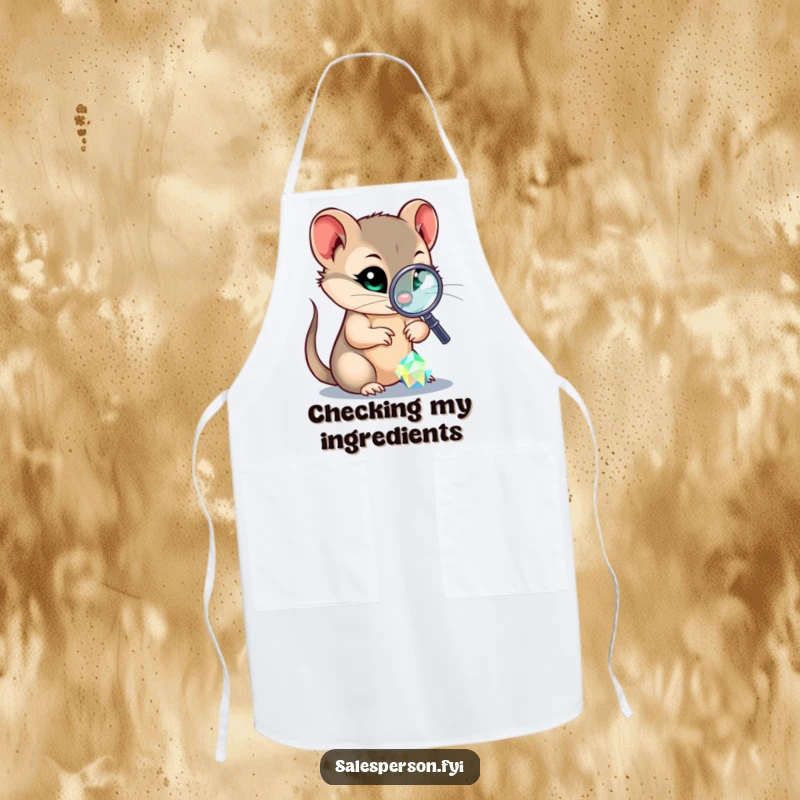 Funny apron featuring a sly weasel with a magnifying glass examining a sparkling gem, ideal for cooking with a touch of intrigue.