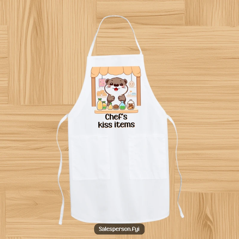 Funny Otter Apron: A cheerful otter gesturing widely towards enticing items, ideal for fun kitchen adventures.