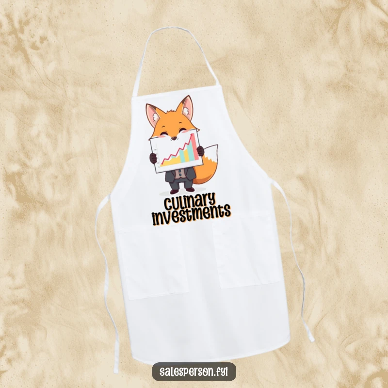 Funny apron with a fox in a suit presenting a large, colorful upward graph, perfect for kitchen tasks with wit.