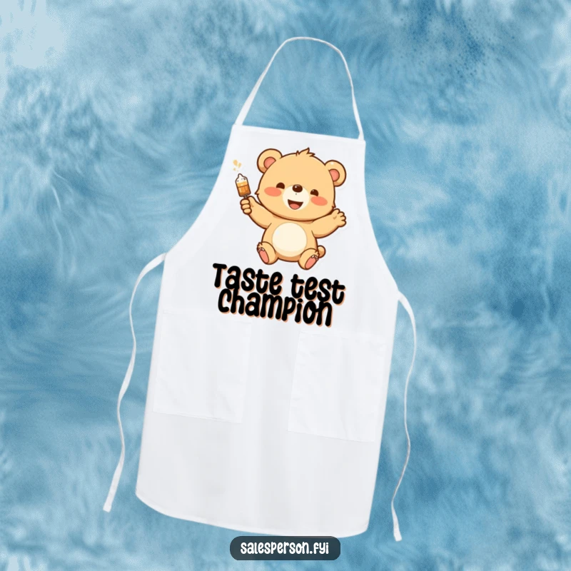 Funny apron with a happy bear cub enthusiastically demonstrating a product with a flourish, adding a humorous and energetic touch to cooking.