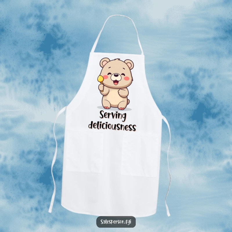 Funny kitchen apron showing a cheerful bear enthusiastically holding up a shiny object for a customer.
