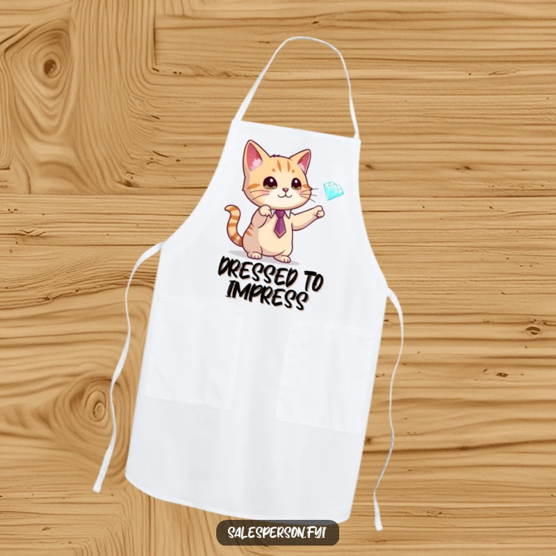 Funny apron featuring a cat wearing a tie and gesturing towards a diamond, perfect for kitchen use, a unique funny gift for cooks.