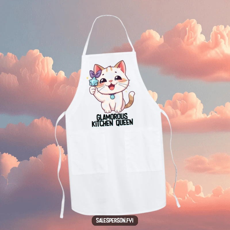 Funny cat apron featuring a delighted cat proudly showing off a sparkly accessory. Stylish kitchen wear with feline flair.