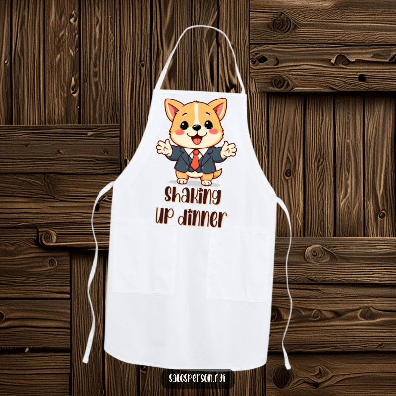 Funny dog business apron featuring a cute dog in a suit shaking hands, making cooking a professional and fun affair.