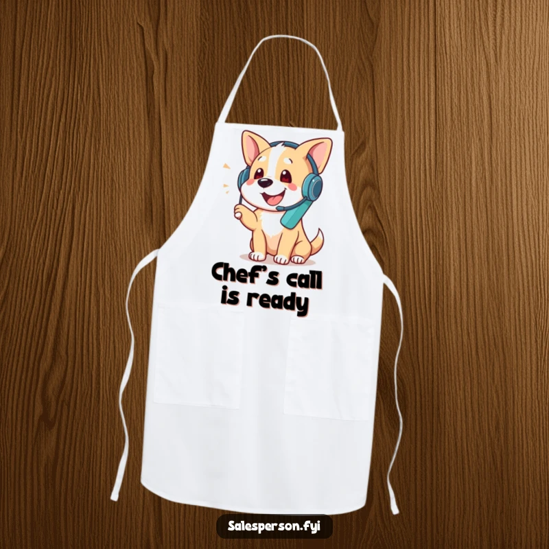 Funny apron featuring a dog wearing a headset and talking on the phone, perfect for kitchen use, a unique funny gift for cooks.