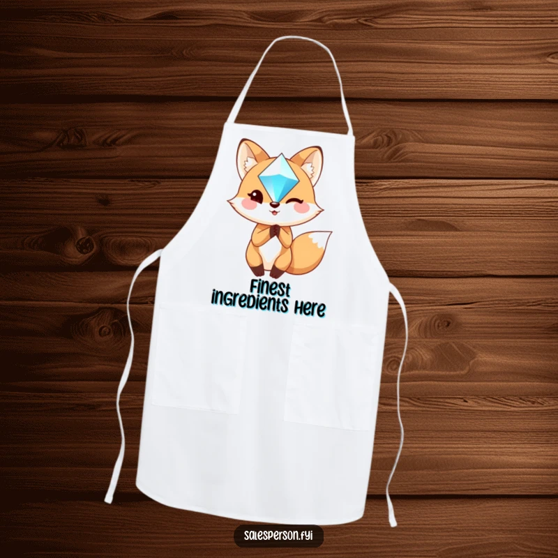 Funny Fox Apron: A charming fox winks while holding a sparkling gem, ideal for stylish and humorous cooking.