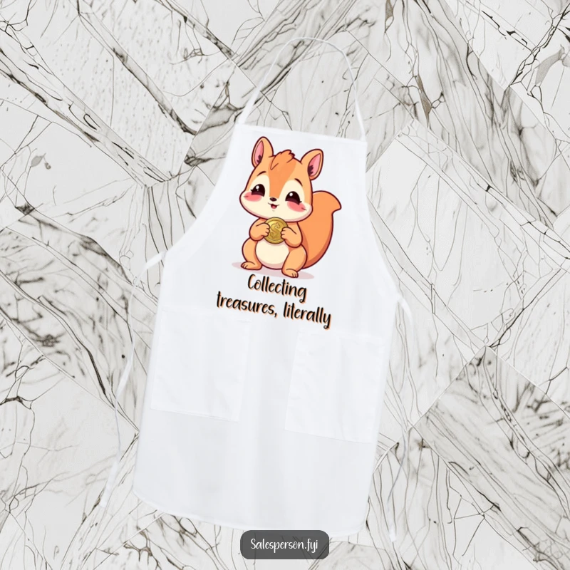 Funny apron featuring a gleeful squirrel holding a shiny coin, perfect for kitchen activities with a humorous and charming touch.