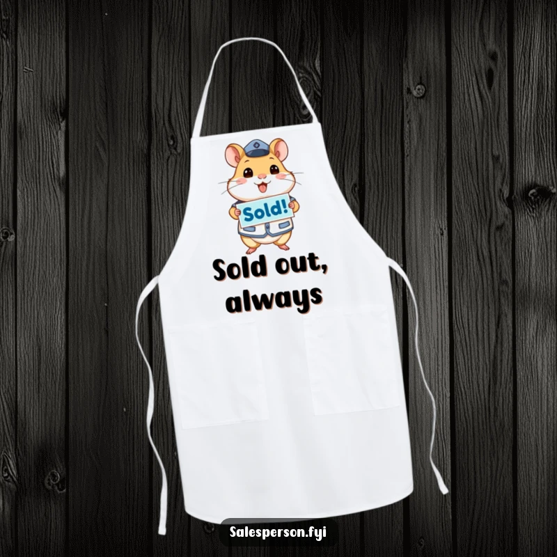 Funny apron featuring an energetic hamster in uniform holding a 'Sold!' sign, ideal for cooking with a humorous and successful touch.