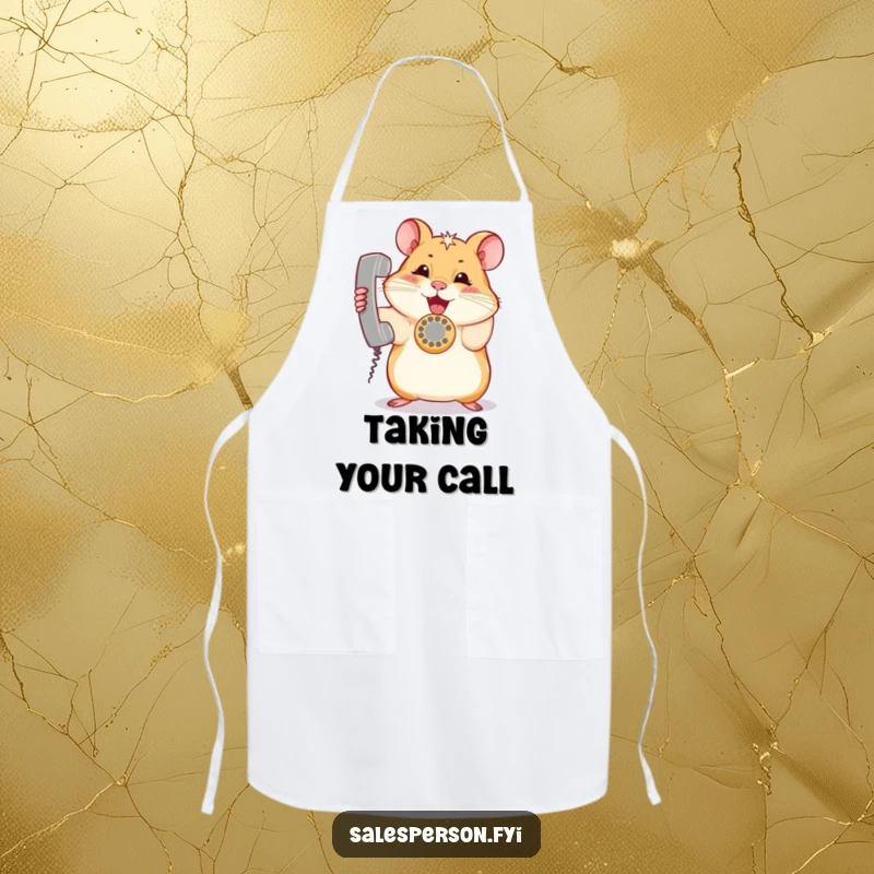 Funny hamster apron featuring a rodent enthusiastically holding a ringing telephone, ideal for humorous kitchen activities.