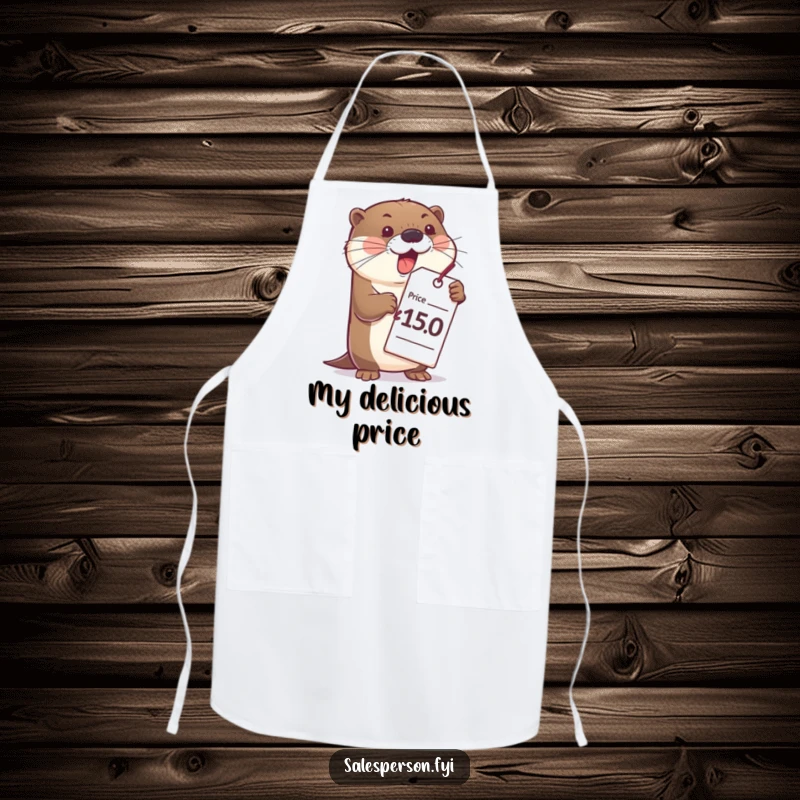 Funny otter apron with a bubbly otter and a large price tag, ideal for humorous kitchen activities.