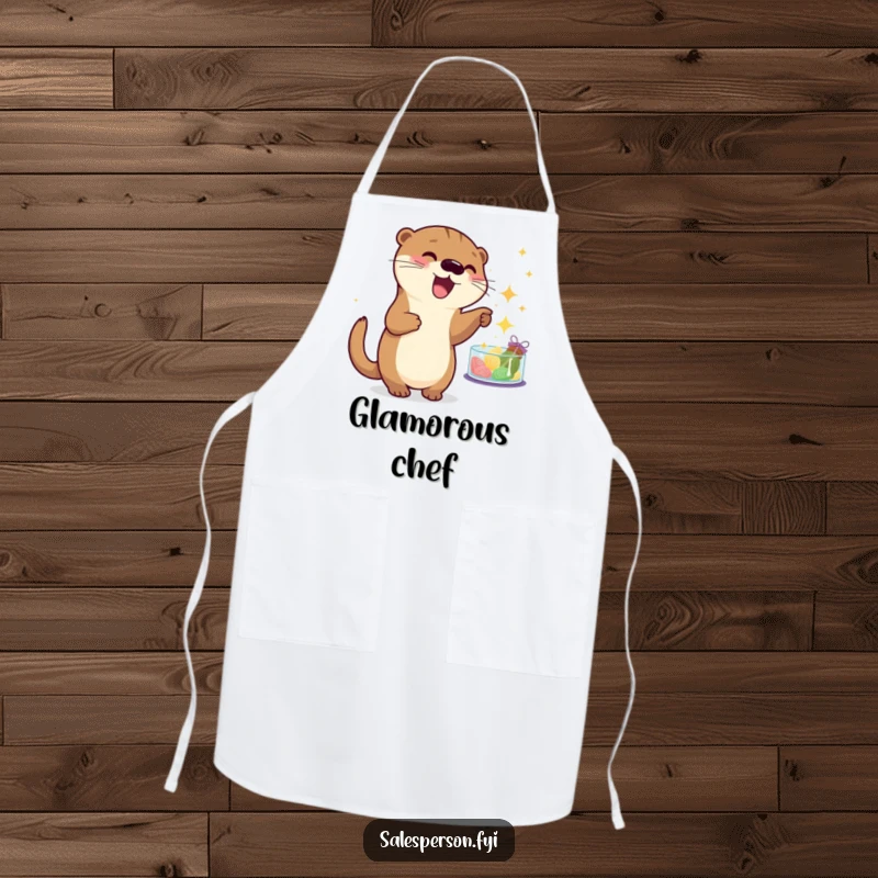 Funny otter apron for the kitchen, showing a playful animal pointing at sparkling goods, making cooking humorous and fun. Cute gift.