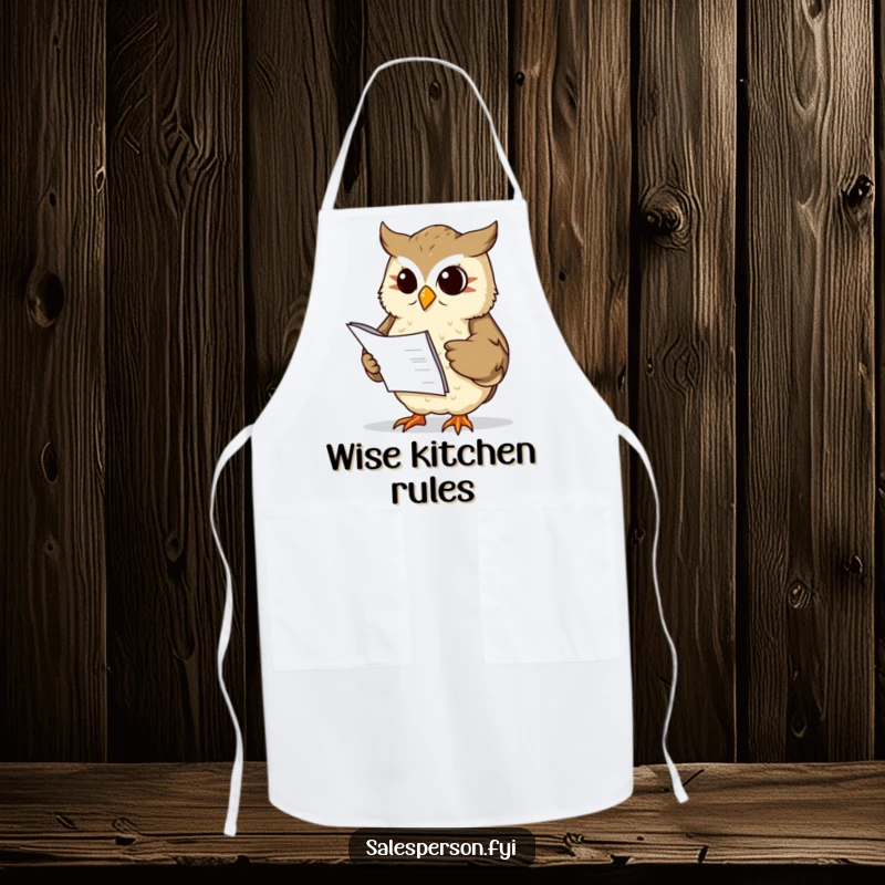 Funny wise owl holding a ledger on an apron, offering cooking wisdom with a nod, a funny gift.