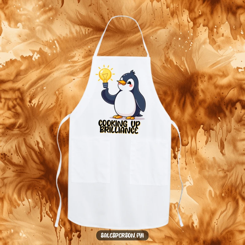 Funny penguin apron featuring a jovial bird making grand gestures while pitching an idea, ideal for humorous cooking activities.