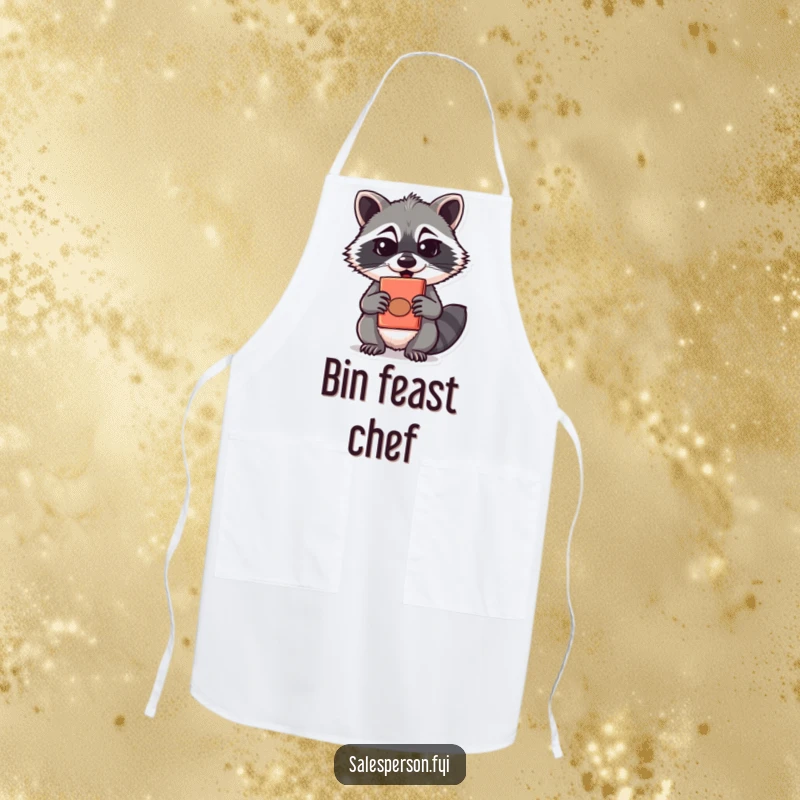 Funny raccoon with a sly look offers a quirky item on an apron, ideal for kitchen mischief, a funny gift.