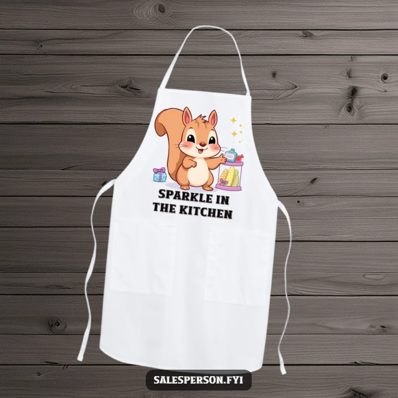 Funny squirrel apron featuring a smiling rodent gesturing towards sparkling goods, ideal for humorous cooking activities.