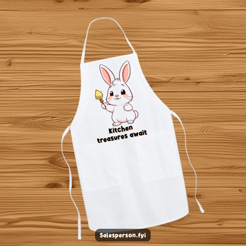 Funny apron with a curious rabbit proudly presenting a shiny object, adding a humorous and charming touch to kitchen tasks.
