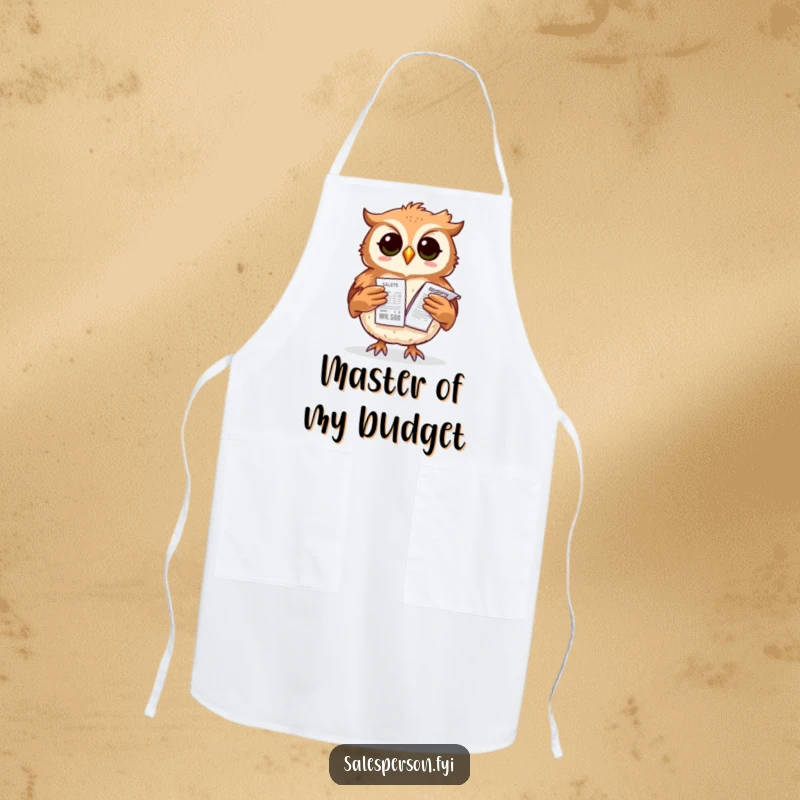 Funny owl apron featuring a proud bird balancing a stack of sales receipts, ideal for humorous cooking activities.