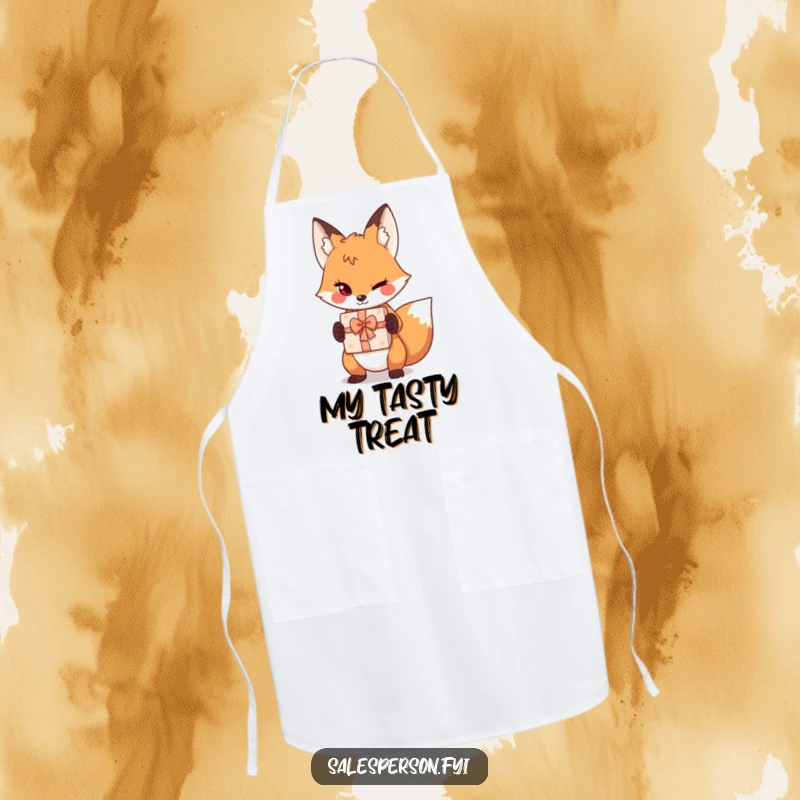 Funny sly fox apron with a playful wink and gift box, ideal for humorous kitchen activities.