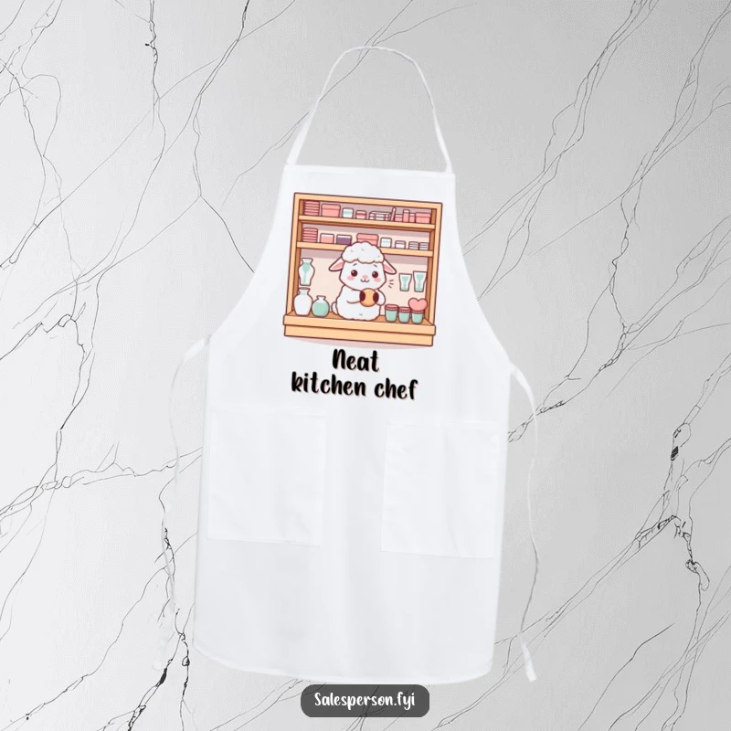 Funny content sheep neatly arranging items on an apron shelf with a satisfied hum, a funny gift.