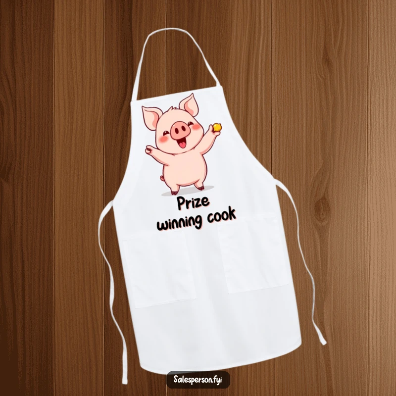 Funny Pig's Shiny Find Apron: Cute pig enthusiastically showing off a shiny item, kitchen accessory.