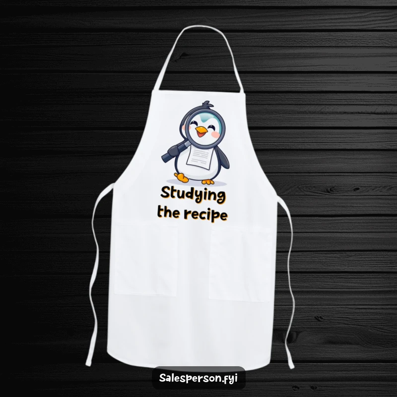 Funny apron with a joyful penguin holding a large magnifying glass to a document, adding investigative humor to kitchen tasks.