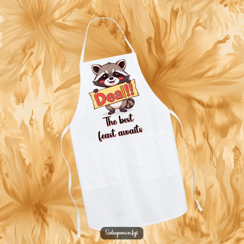 Funny apron featuring a beaming raccoon holding a colorful 'Deal!' banner, ideal for kitchen activities with a humorous and thrifty touch.