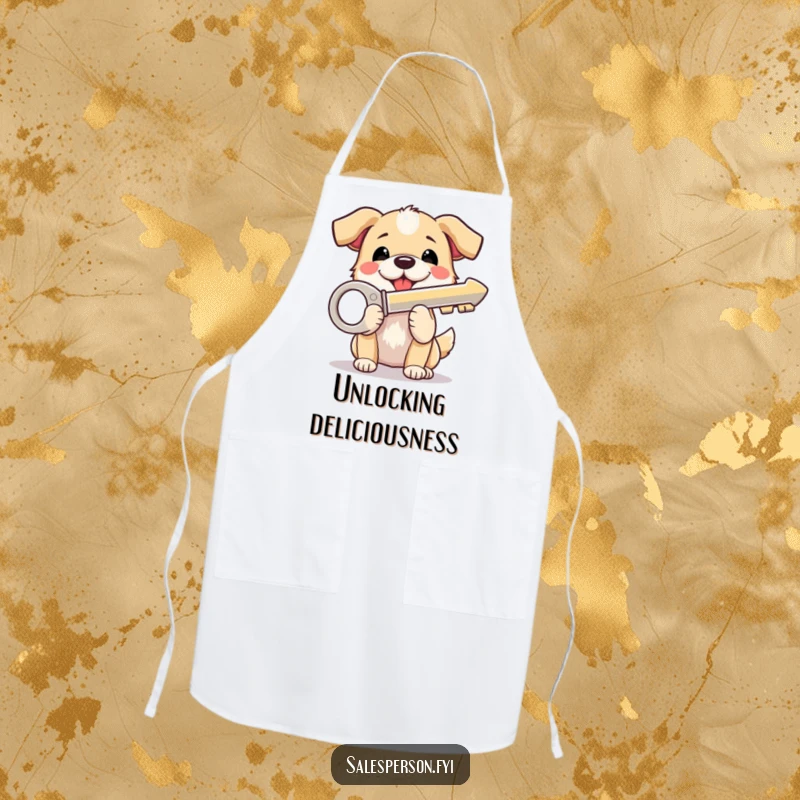 Funny Dog Apron: A happy, beaming dog proudly holds a shiny house key, ready to assist in the kitchen with humor.