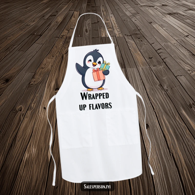 Funny penguin apron for the kitchen, showing a cheerful bird offering a wrapped gift, making hosting humorous and fun. Cute gift.