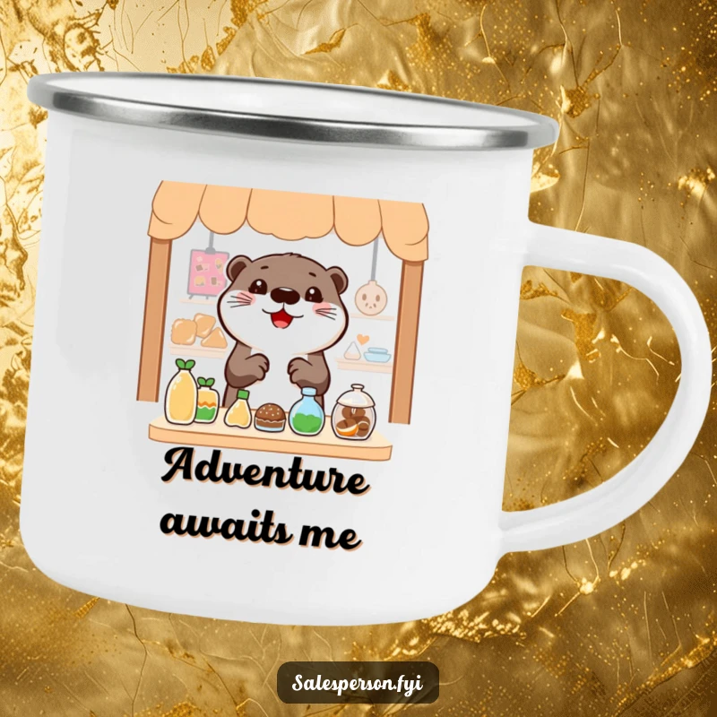 Funny Otter Camping Mug: Cheerful otter gesturing towards enticing items, perfect for outdoor enthusiasts.
