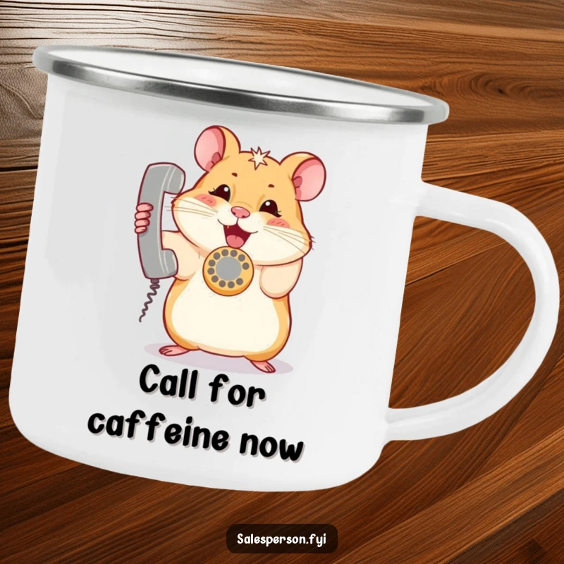 Funny hamster camping mug with a curious expression, holding a ringing telephone, perfect for outdoor beverage enjoyment.