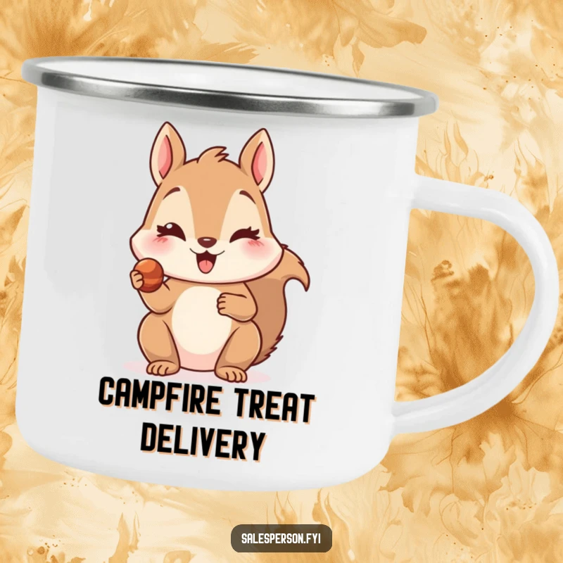 Funny camping mug with a delighted squirrel offering a tiny, tempting treat with a wink, ideal for outdoor sips and sharing.
