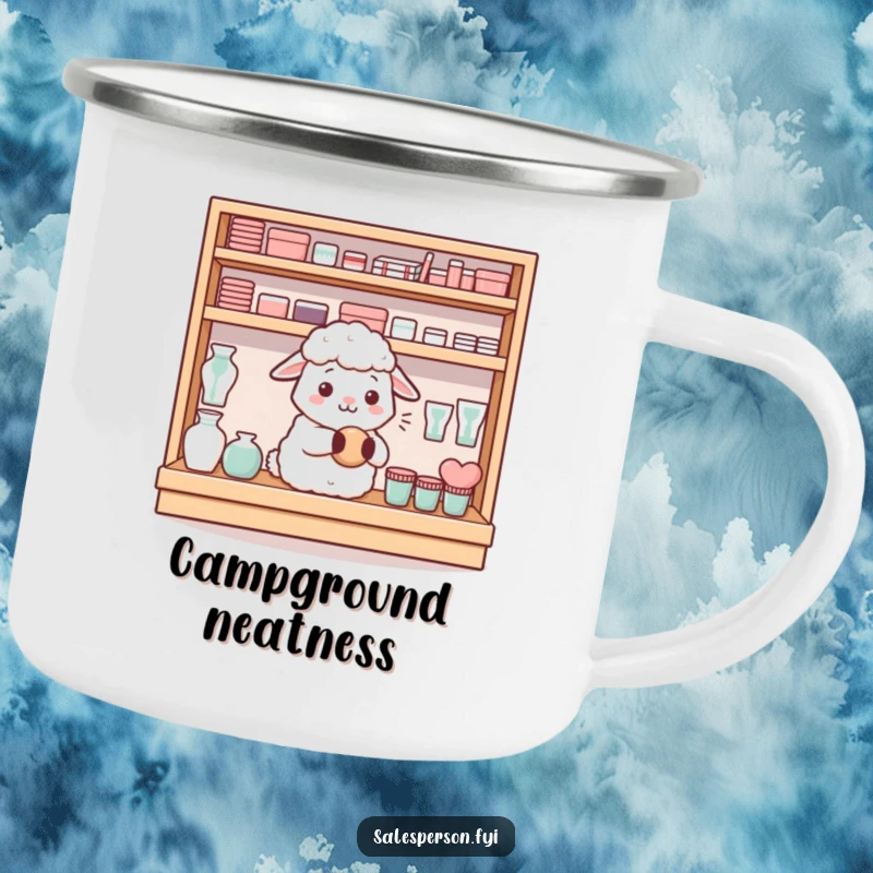 Funny content sheep neatly arranging items on a shelf on a camping mug, perfect for organized campers, a funny gift.