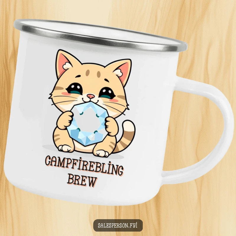 Funny cat gem camping mug featuring a cheerful cat holding a giant sparkly gem, perfect for enjoying drinks outdoors.
