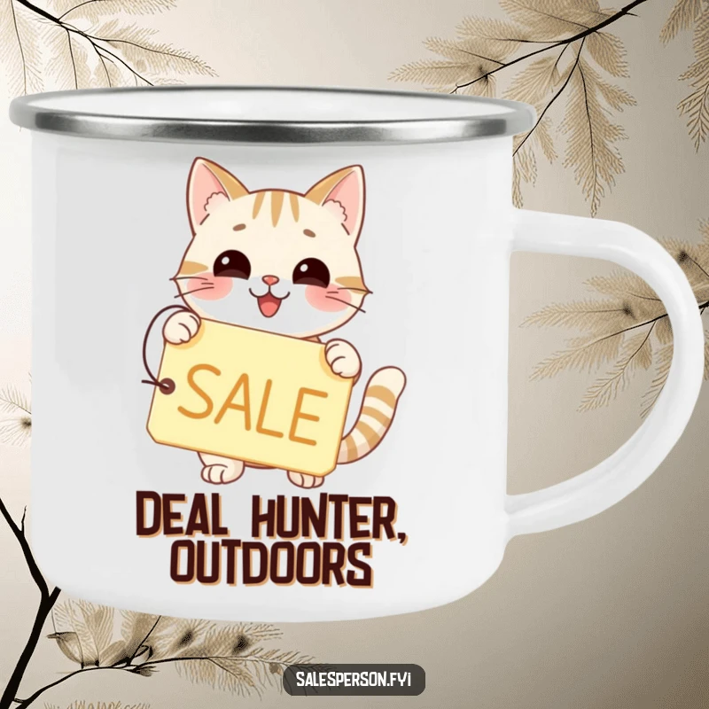 Funny camping mug with a happy cat holding a price tag that reads SALE.