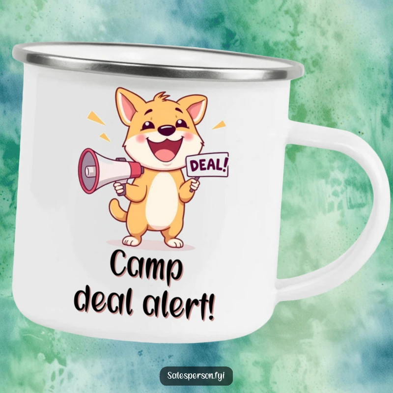 Funny Dog Deal Camping Mug: Happy dog excitedly announcing a deal with a megaphone, outdoor essential.
