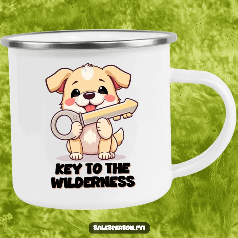 Funny Dog Camping Mug: A beaming dog holds a shiny house key, ready for outdoor adventures and new beginnings.