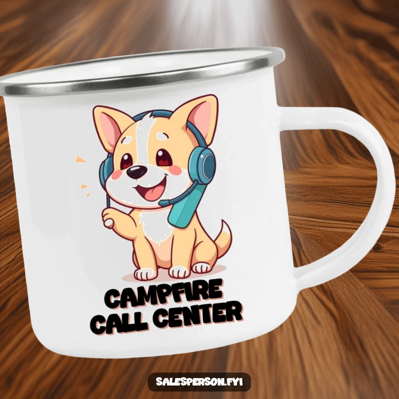Funny camping mug featuring a dog wearing a headset and talking on the phone, durable and humorous, perfect funny gift for campers.