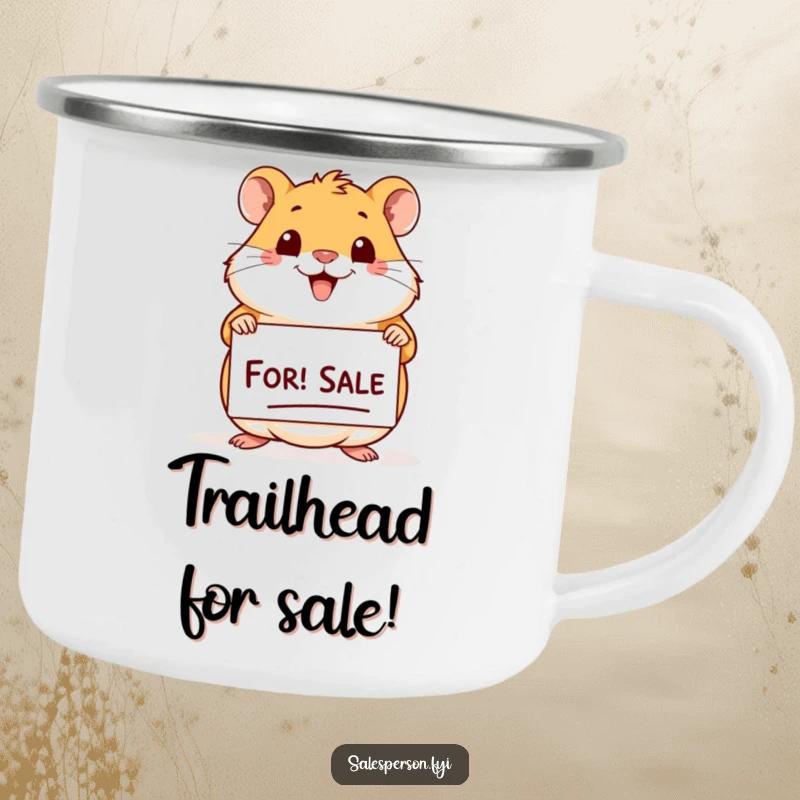 Funny Hamster For Sale Camping Mug: Cheerful hamster with a big smile holding a 'For Sale' sign, outdoor gear.