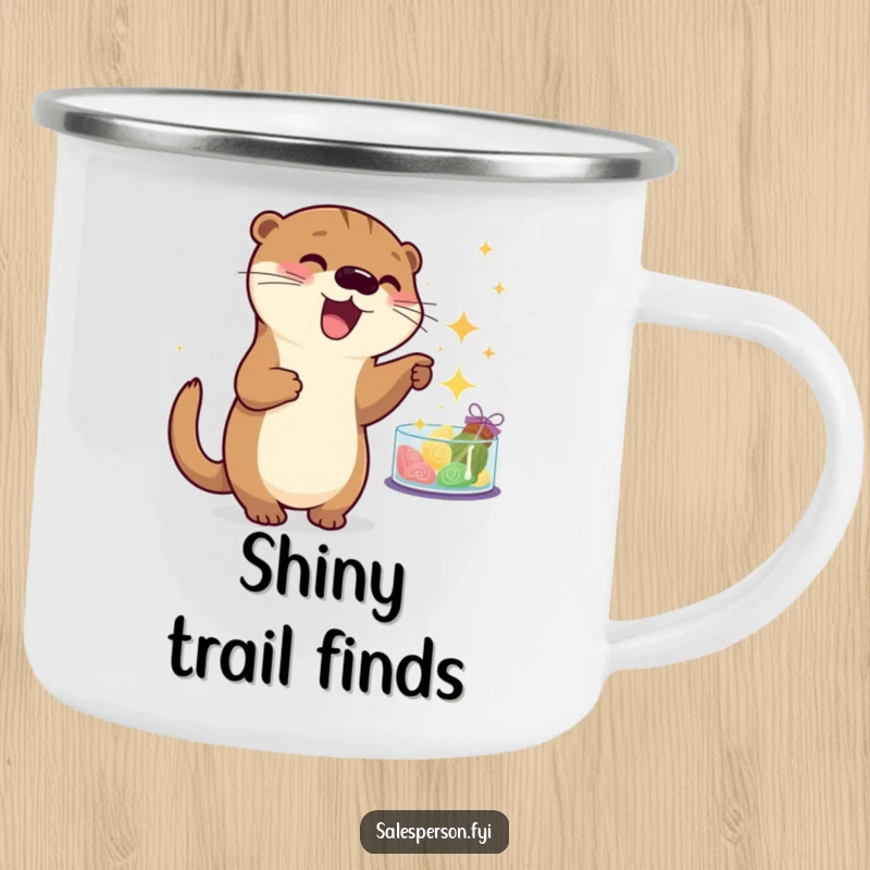 Funny otter camping mug with a playful creature pointing at sparkling goods, perfect for humorous outdoor moments. Cute gift.