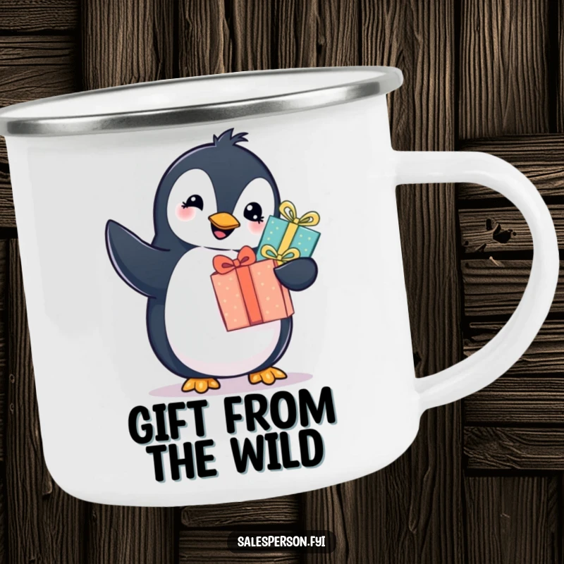 Funny penguin camping mug with a cheerful bird offering a wrapped gift, perfect for humorous outdoor moments. Cute gift.