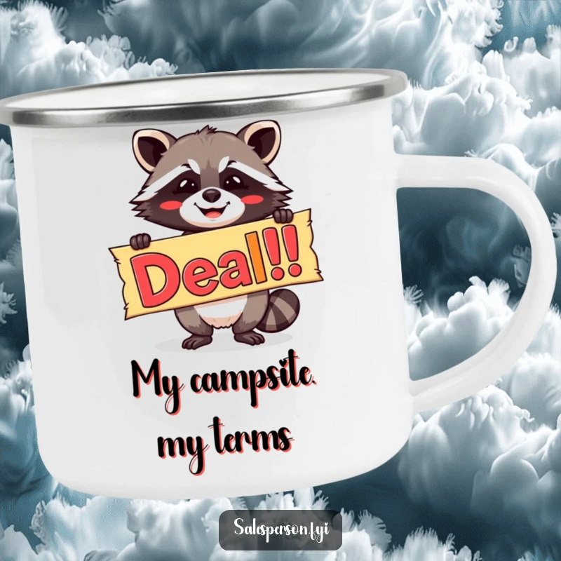 Funny camping mug depicting a beaming raccoon holding a colorful 'Deal!' banner, ideal for outdoor brews and celebrating finds.