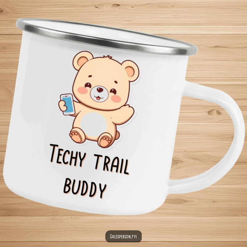 Funny camping mug featuring a small bear enthusiastically presenting a shiny gadget outdoors.