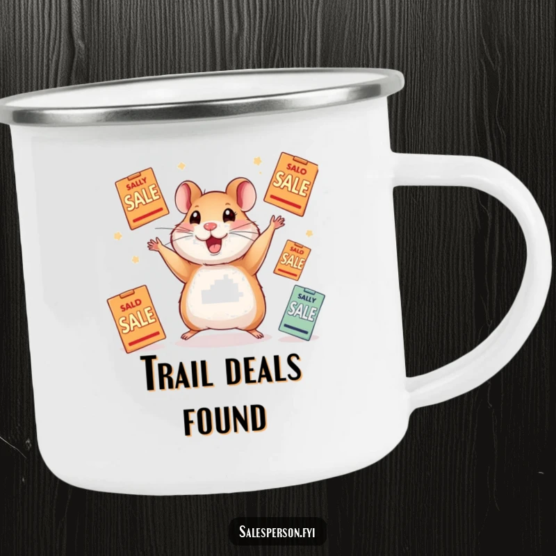 Funny camping mug showcasing a happy hamster masterfully juggling several sale flyers during an outdoor adventure.