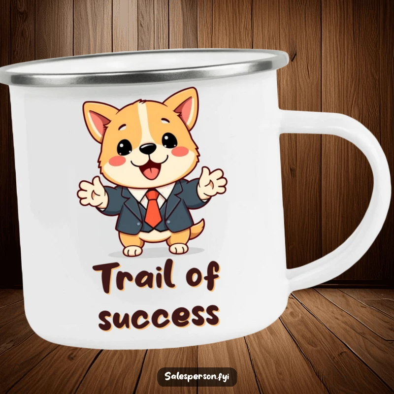 Funny dog business camping mug featuring a cute dog in a suit shaking hands, perfect for enjoying drinks outdoors.
