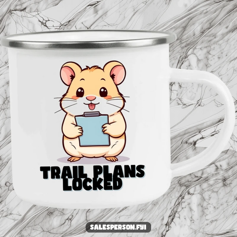 Funny hamster with a clipboard, looking ready for an organized camping trip, on a sturdy camping mug.