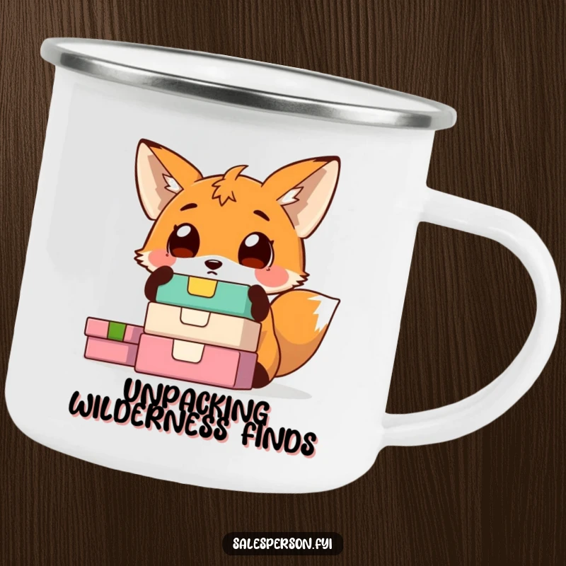 Funny fox camping mug showing a surprised fox with wide eyes looking at colorful boxes. Rugged and whimsical drinkware.