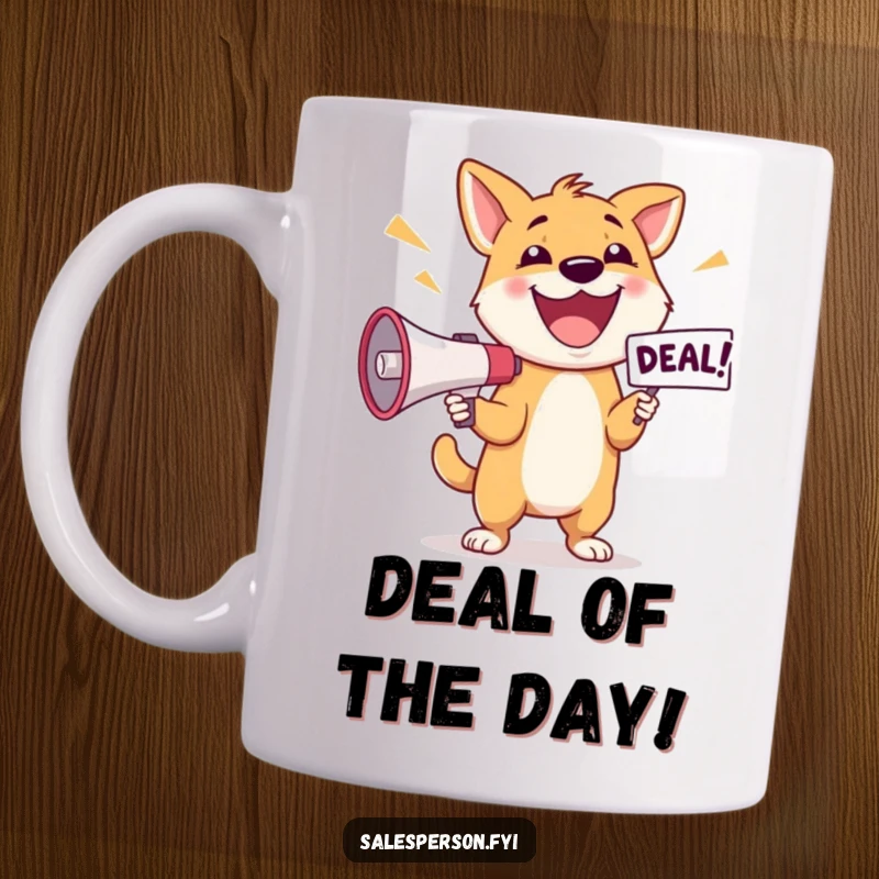 Funny Dog Deal Mug: Happy dog excitedly announcing a deal with a megaphone, perfect for a funny gift.