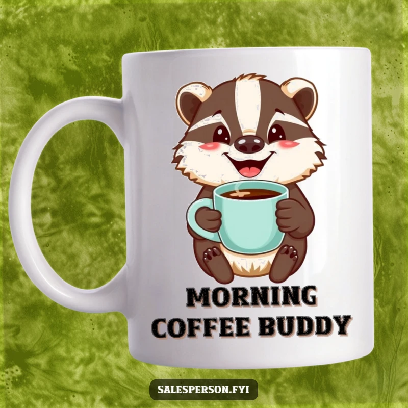 Funny mug featuring a jovial badger with a wide, welcoming smile, holding out a steaming cup of coffee.